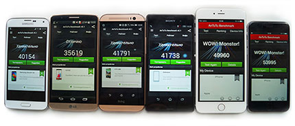 фото Lg G3, Sony Xperia Z3, Samsung Galaxy S5, HTC One M8, Apple iPhone 6, Apple iPhone 6 Plus сравнение тест Antutu