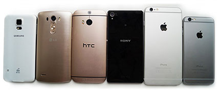 фото Lg G3, Sony Xperia Z3, Samsung Galaxy S5, HTC One M8, Apple iPhone 6, Apple iPhone 6 Plus сравнение оборотная сторона